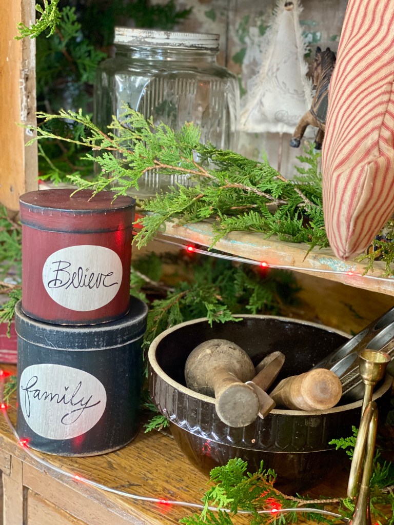 primitive Christmas butter box Santa antique sled crocks mixing bowls